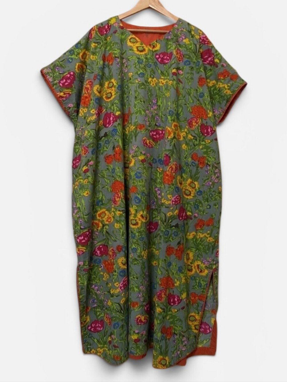 J Peterman Cotton Maxi Caftan L/XL Green Floral